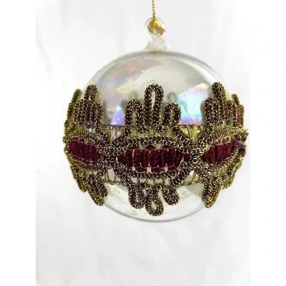 VTG Iridescent Hand Blown Glass Ball Ornament‎ MCM Burgundy Gold Trim 4"